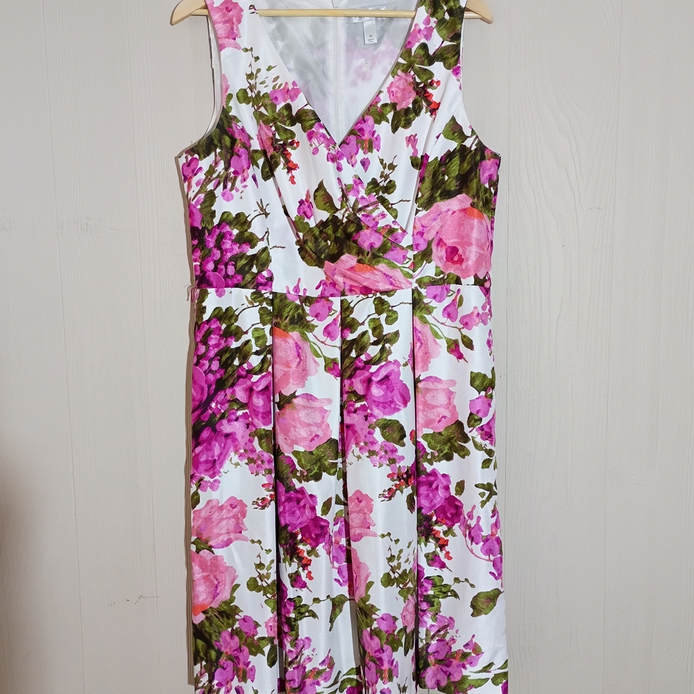 Dress Barn White Midi Dress with Pink Floral Print, Green Leaves And POCKETS!